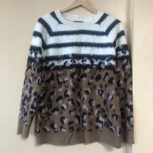 TOPSHOP Mariner Striped Leopard Fluffy Fuzzy Sweater White Black Brown Pink